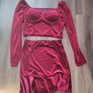 Elegant Burgundy Velvet Skirt Set